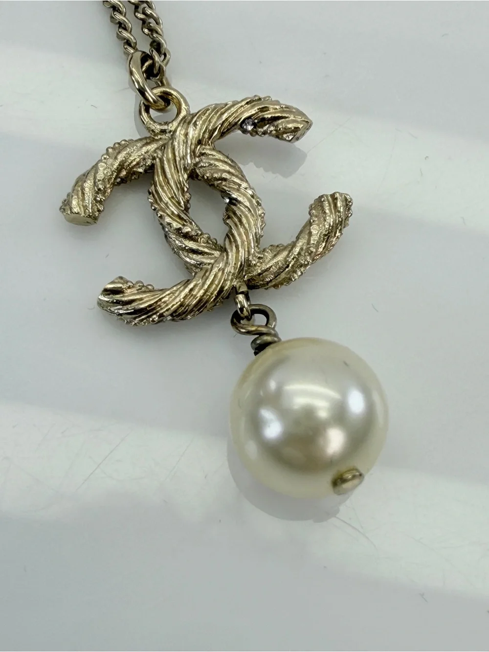 Chanel CC Crystal Pearl Gold Tone Pendant Necklace